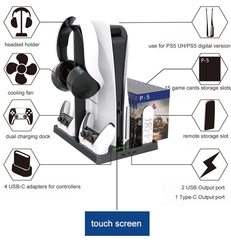 Vertikln stojan 7v1 a dobjec stanice P5-271 pro Playstation 5 (PS5)
