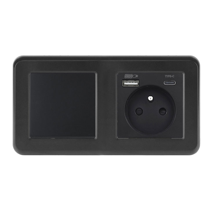 UNIC Elektrick� z�suvka (230V+USB+USBc 5V Rychl� nab�jen�) + vyp�na� jednop�lov� �.1 v r�me�ku 153mm, plast �ern�