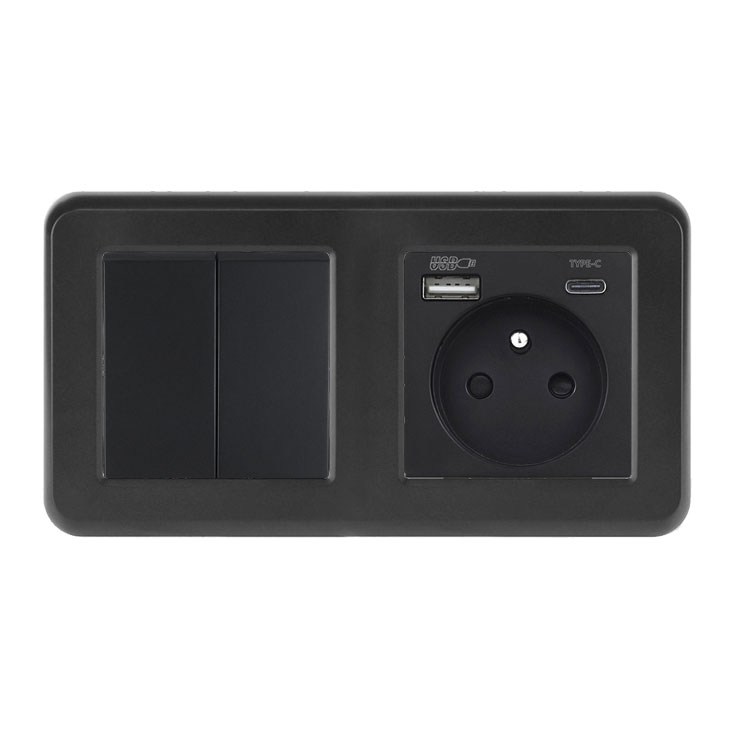 UNIC Elektrick� z�suvka (230V+USB+USBc 5V Rychl� nab�jen�) + dvojvyp�na� lustrov� s�riov� �.5 v r�me�ku 153mm, plast �ern�