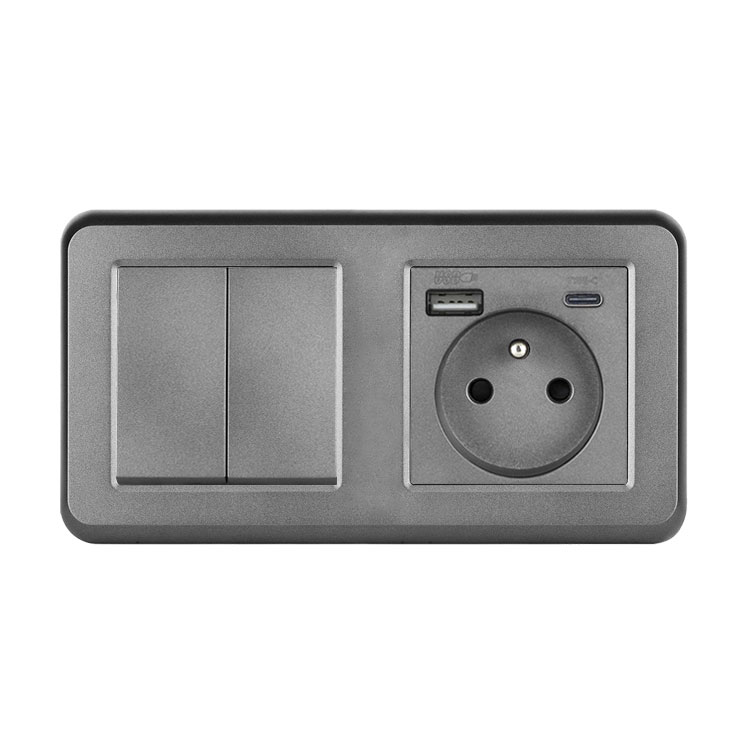 UNIC Elektrick� z�suvka (230V+USB+USBc 5V Rychl� nab�jen�) + dvojvyp�na� lustrov� s�riov� �.5 v r�me�ku 153mm, plast �ed�