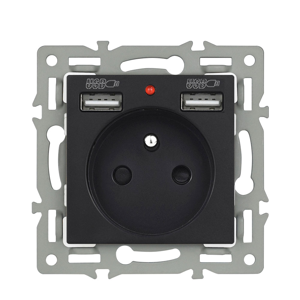 Modul z�suvka 230V + 2xUSB nap�jen� �ern� do r�me�ku 82mm