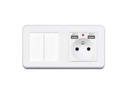 UNIC Elektrick� z�suvka (230V+2xUSB 5V/2,1A) + dvojvyp�na� lustrov� s�riov� �.5 v r�me�ku 153mm, plast b�l� - 308 K�