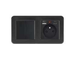 UNIC Elektrick� z�suvka (230V+USB+USBc 5V) + dvojvyp�na� lustrov� s�riov� �.5 v r�me�ku 153mm, plast �ern� - 348 K�