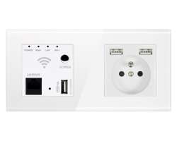 SRAN Wifi repeater + modul z�suvka 230V+2xUSB  5V/2,1A v r�me�ku, sklo b�l�  - 499 K�