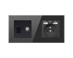 SRAN Elektrick� z�suvka 230V+2*USB + RJ45+TV v r�me�ku 147mm, �ern� sklo - 250 K�