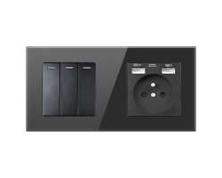 SRAN Elektrick� z�suvka 230V+2*USB 5V/2,1A + trojvyp�na� v r�me�ku 147mm, �ern� sklo - 250 K�