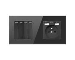 SRAN Elektrick� z�suvka 230V+2*USB + 4vyp�na� v r�me�ku, sklo �ern� - 228 K�