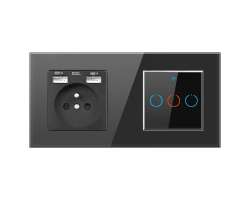 SRAN z�suvka 230V+2xUSB + AiWiFi trojvyp�na� s dvojr�me�kem sklo �ern� - 600 K�