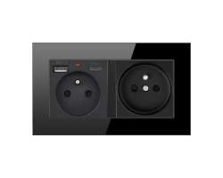 SRAN Elektrick zsuvka 230V + zsuvka 230V+USB+USB C  5V/2,1A v rmeku 147mm, ern sklo - 294 K
