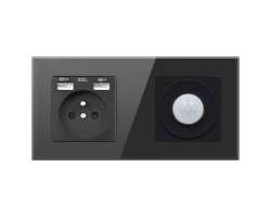 SRAN z�suvka 230v + 2xUSB5V + PIR vyp�na� se sklen�n�m dvojr�me�kem dvojr�me�kem sklo �ern�m - 230 K�