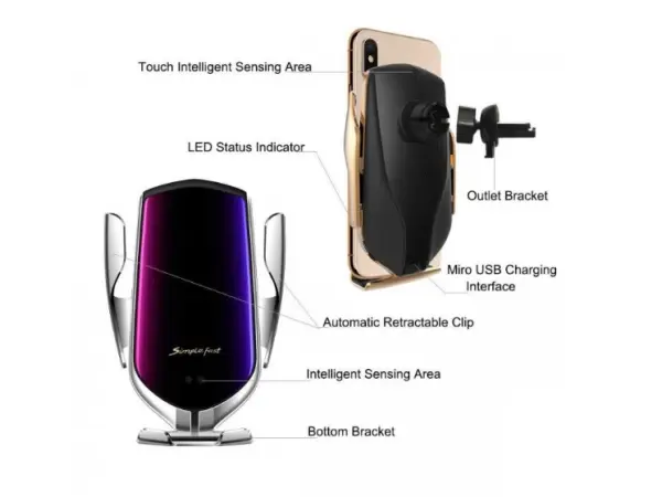 samootviraci bezdratova qi nabijecka / drzak do auta s automatickym uchopenim telefonu  r1 gold