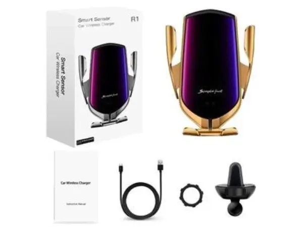 samootviraci bezdratova qi nabijecka / drzak do auta s automatickym uchopenim telefonu  r1 gold