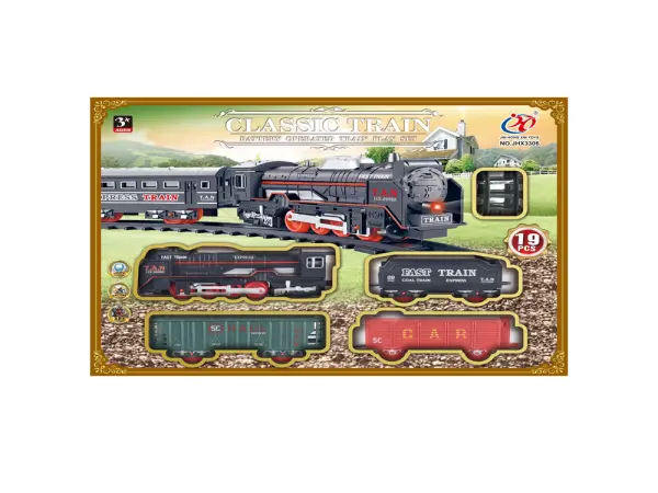 klasicky cerny vlacek jhx3306 na baterie s vagony a kolejemi (19 dilu)