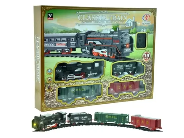 klasicky cerny vlacek jhx3306 na baterie s vagony a kolejemi (19 dilu)