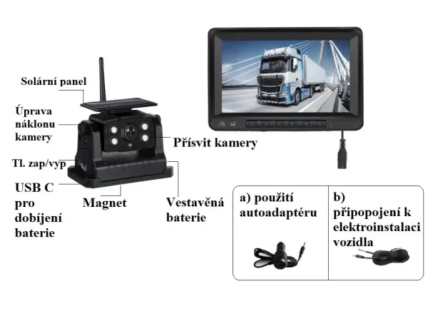 wifi parkovaci set truck a3485 ips monitor 7" se solarni bezdratovou kamerou s magnetem