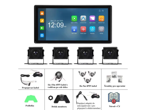parkovaci set truck a3374, 10,36" hd displej + 4x zadni kamera pro android auto