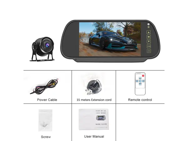 parkovaci set a3005, 7" lcd monitor ve zpetnem zrcatku  s 1080p hd kamerou pro autobusy/auta/kamiony