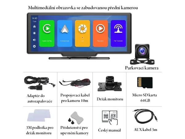 parkovaci set a3073, 9,3" hd mutimedialni displej s predni kamerou + 1x zadni kamera - android auto/carplay
