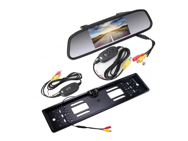 parkovaci set lcd 4,3" ve zpetnem zrcatku + kamera v podlozce pro spz s led prisvitem