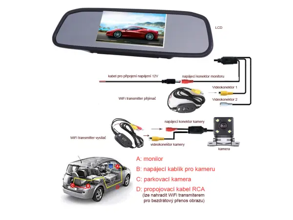 parkovaci set lcd 4,3" ve zpetnem zrcatku + kamera v podlozce pro spz s led prisvitem