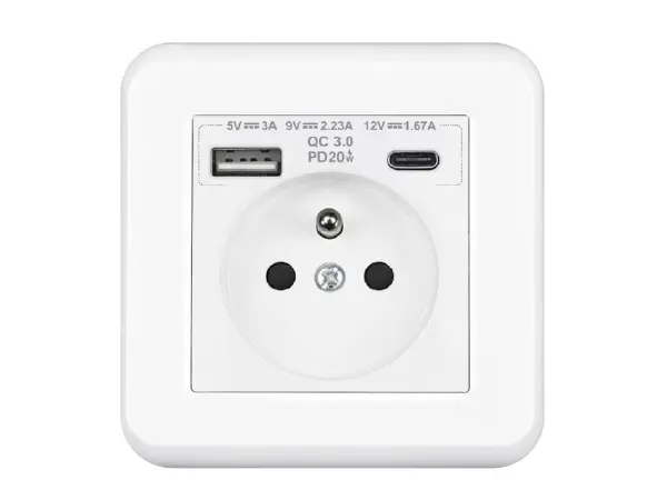 unic elektricka zasuvka 230v+usb+usb c 5v rychle nabijeni, vcetne ramecku, plast bila