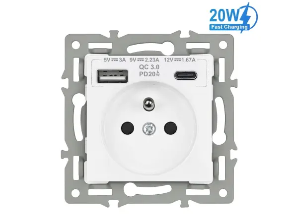 unic elektricka zasuvka 2x230v+usb+usb c 5v/2,1a (rychle nabijeni) plast bila v ramecku 153mm