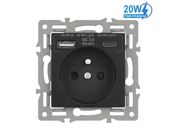 unic elektricka zasuvka 230v+usb+usb c 5v rychle nabijeni, vcetne ramecku, plast cerny