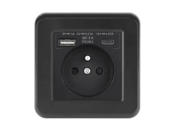 unic elektricka zasuvka 230v+usb+usb c 5v rychle nabijeni, vcetne ramecku, plast cerny