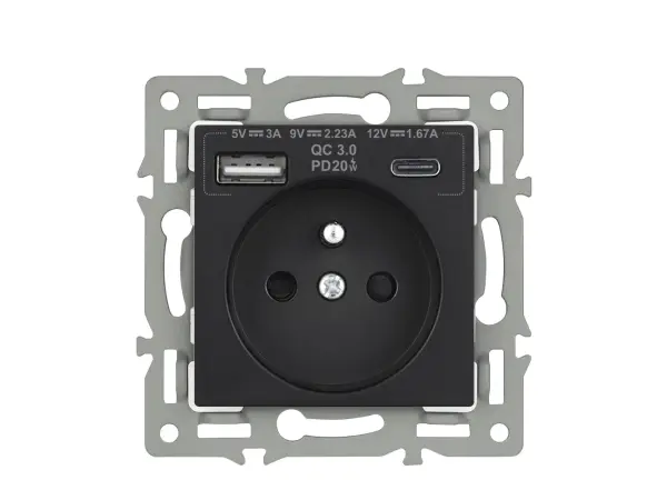 unic elektricka zasuvka 2x230v+usb+usb c 5v/2,1a (rychle nabijeni) plast cerna v ramecku 153mm