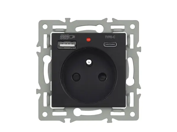 unic elektricka zasuvka 2x (230v+usb+usb c 5v/2,1a) plast cerna v ramecku 153mm