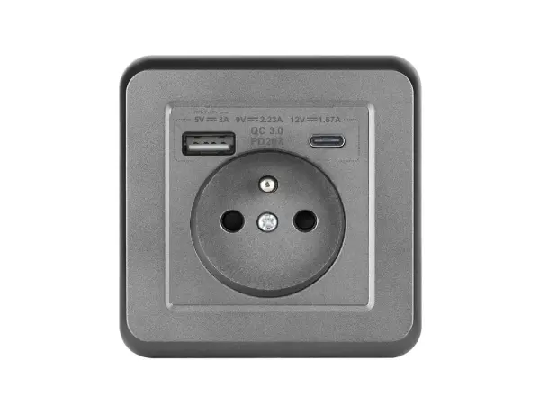 unic elektricka zasuvka 230v+usb+usb c 5v rychle nabijeni, vcetne ramecku, plast sedy