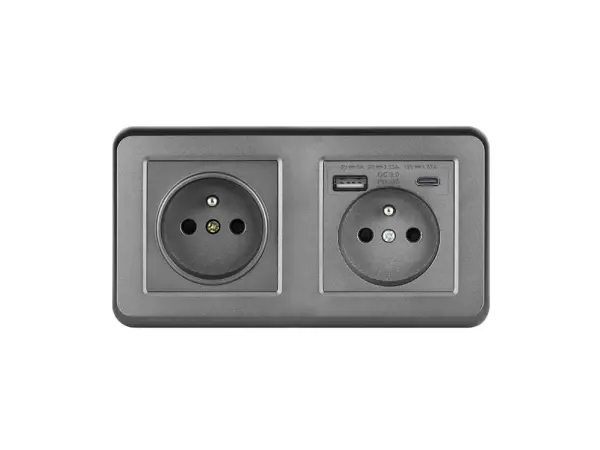 unic elektricka zasuvka 2x230v+usb+usb c 5v/2,1a (rychle nabijeni) plast seda v ramecku 153mm