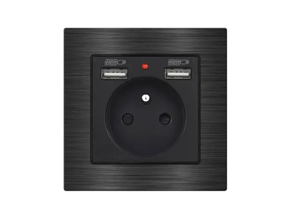 unic elektricka zasuvka 230v+2*usb 5v/2.1a cerna, v ramecku 82mm, slitina hliniku