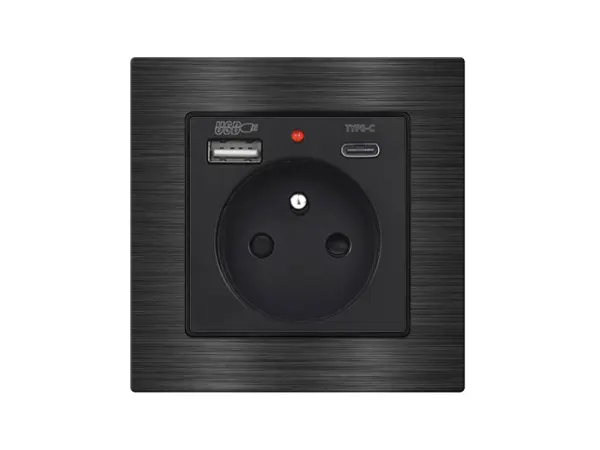 unic elektricka zasuvka 230v+usb+usb c 5v/2,1a  cerna v ramecku 82mm, slitina hliniku