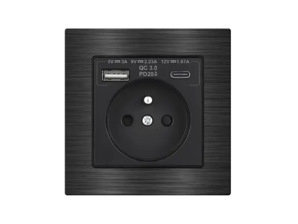 unic elektricka zasuvka 230v+usb+usb c 5v rychle nabijeni, v ramecku 82mm, slitina hliniku cerna