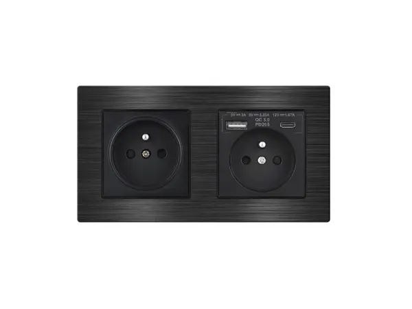 unic elektricka zasuvka 2x230v+usb+usb c 5v/2,1a rychle nabijeni,v ramecku 153mm slitina hliniku cerna