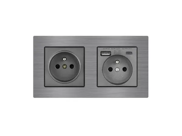 unic elektricka zasuvka 2x230v+usb+usb c 5v/2,1a (rychle nabijeni) v ramecku 153mm, slitina hliniku seda