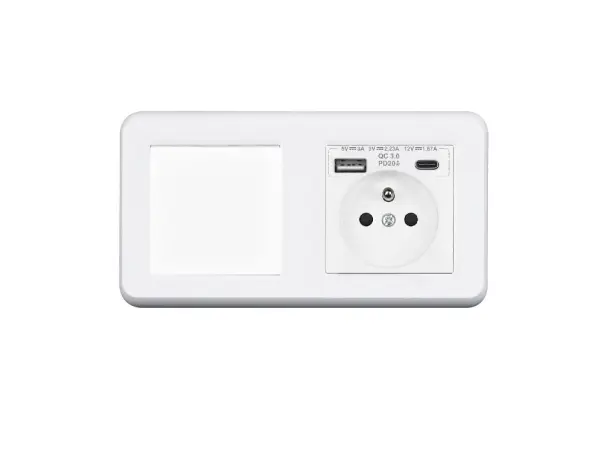 unic elektricka zasuvka (230v+usb+usbc 5v rychle nabijeni) + vypinac jednopolovy c.1 v ramecku 153mm, plast bily