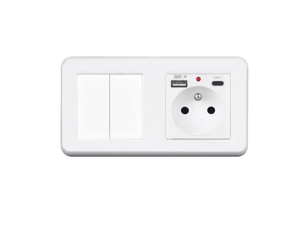 unic elektricka zasuvka (230v+usb+usbc 5v) + dvojvypinac lustrovy seriovy c.5 v ramecku 153mm, plast bily