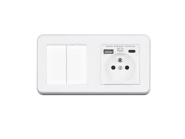 unic elektricka zasuvka (230v+usb+usbc 5v rychle nabijeni) + dvojvypinac lustrovy seriovy c.5 v ramecku 153mm, plast bily
