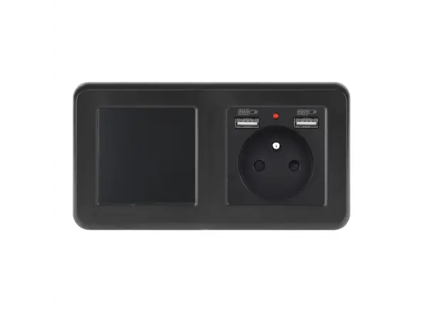 unic elektricka zasuvka (230v+2xusb 5v/2,1a) + vypinac jednopolovy c.1 v ramecku 153mm, plast cerny