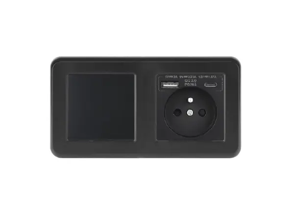 unic elektricka zasuvka (230v+usb+usbc 5v rychle nabijeni) + vypinac jednopolovy c.1 v ramecku 153mm, plast cerny