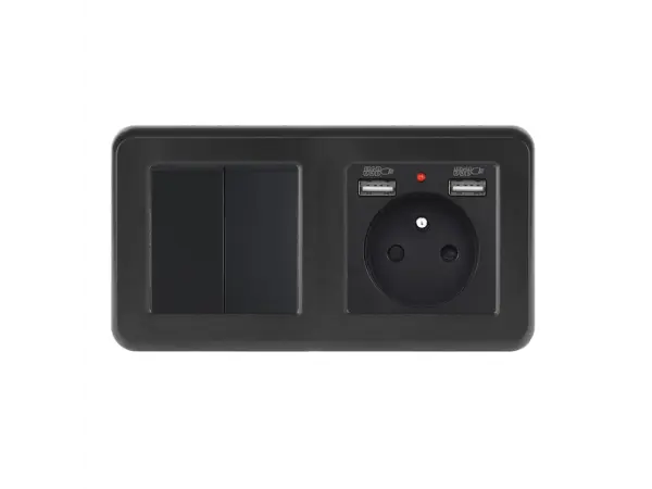 unic elektricka zasuvka (230v+2xusb 5v/2,1a) + dvojvypinac lustrovy seriovy c.5 v ramecku 153mm, plast cerny