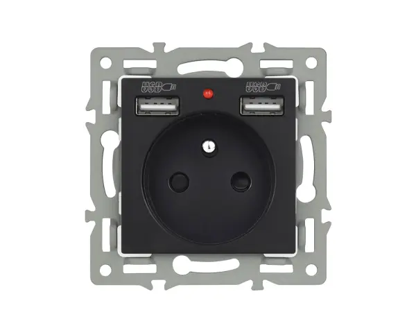 unic elektricka zasuvka (230v+2xusb 5v/2,1a) + dvojvypinac lustrovy seriovy c.5 v ramecku 153mm, plast cerny