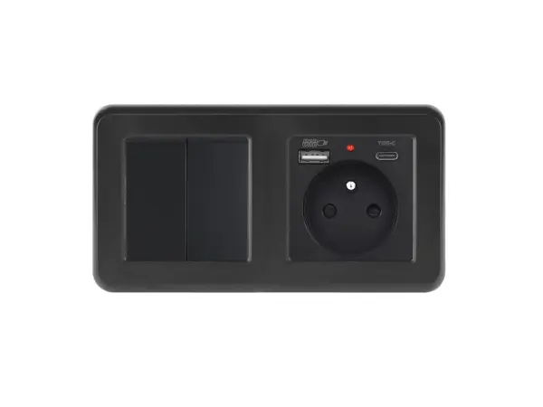 unic elektricka zasuvka (230v+usb+usbc 5v) + dvojvypinac lustrovy seriovy c.5 v ramecku 153mm, plast cerny