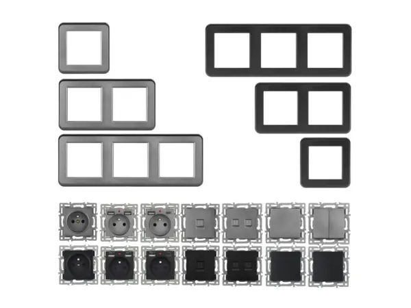 unic elektricka zasuvka (230v+usb+usbc 5v rychle nabijeni) + dvojvypinac lustrovy seriovy c.5 v ramecku 153mm, plast cerny