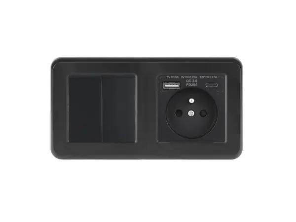 unic elektricka zasuvka (230v+usb+usbc 5v rychle nabijeni) + dvojvypinac lustrovy seriovy c.5 v ramecku 153mm, plast cerny