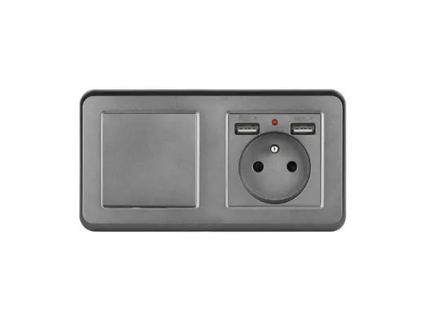 unic elektricka zasuvka (230v+2xusb 5v/2,1a) + vypinac jednopolovy c.1, v ramecku 153mm, plast sedy