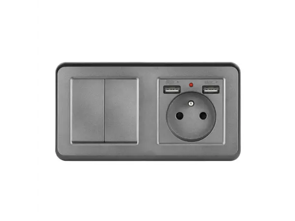 unic elektricka zasuvka (230v+2xusb 5v/2,1a) + dvojvypinac lustrovy seriovy c.5 v ramecku 153mm, plast sedy