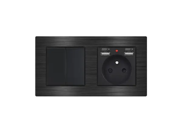 unic elektricka zasuvka (230v+2xusb 5v/2,1a) + dvojvypinac lustrovy seriovy c.5 v ramecku 153mm, slitina hliniku cerny